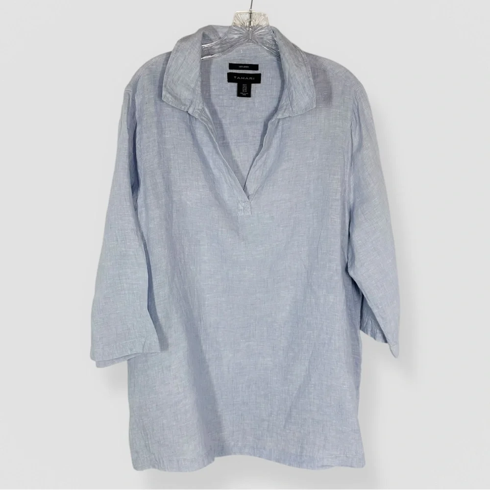 Tahari Blue White Striped 100% Linen 3/4 Sleeve Tunic Top Plus Size 1X Coastal